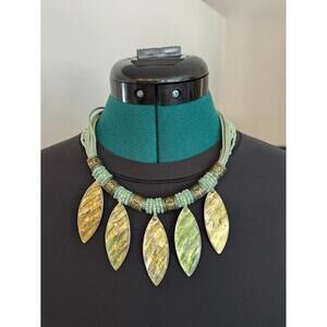 Bohemian Leaf Pendant Necklace, Green & Yellow Beads, Adjustable